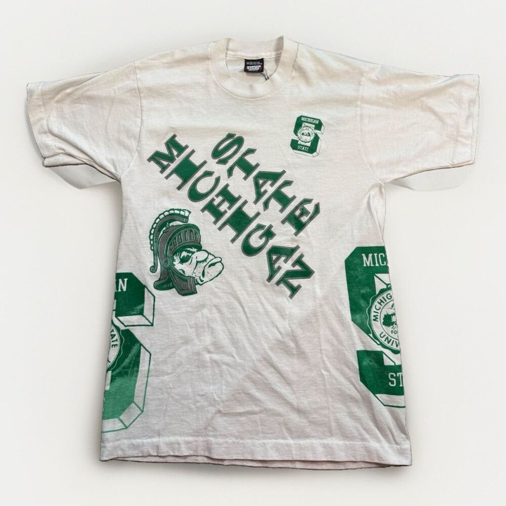 Vintage Screen Stars Best MSU Spartans All Over Print T-Shirt M White Green